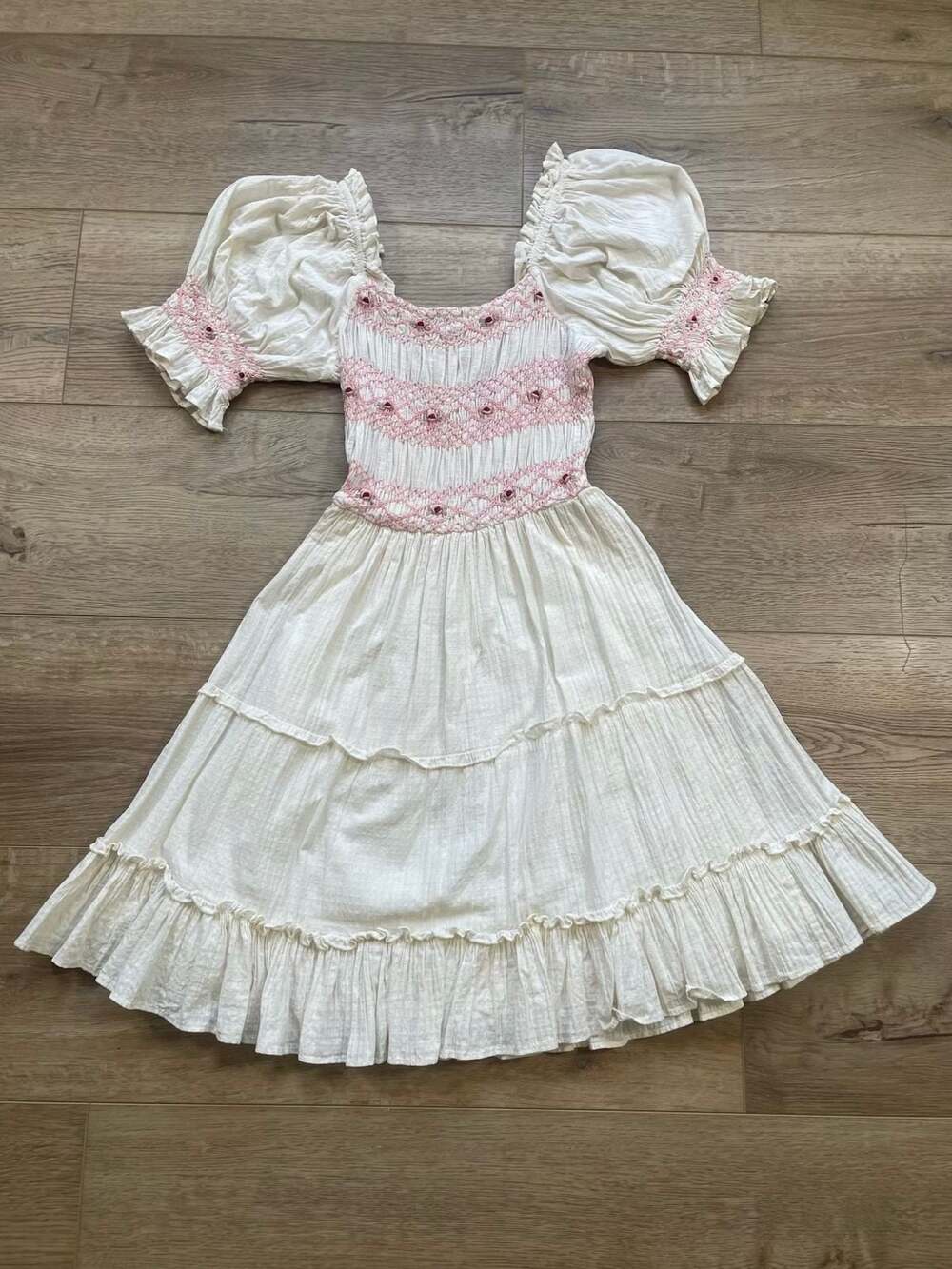 Ivy City Co White Pink Smocked Tiered Midi Dress XS Puff Sleeve Cottagecore - Picture 6 of 11